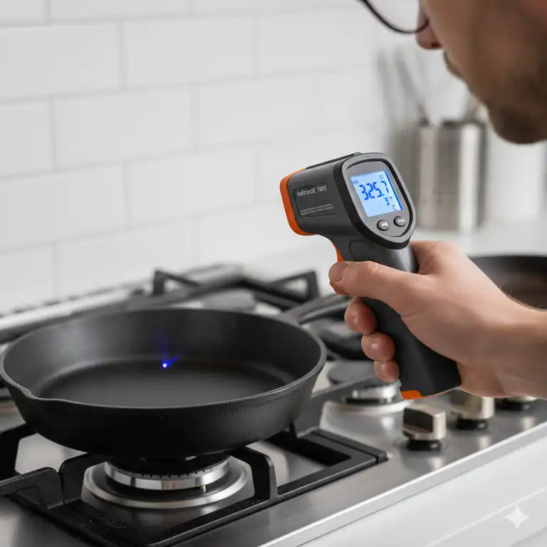 Der Infrarot thermometer test wird durchgeführt, wobei der Benutzer das Gerät auf eine Oberfläche richtet.