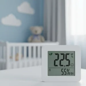 Nahaufnahme des Displays vom thermometer babyzimmer digital mit Temperatur- und Feuchtigkeitsanzeige.