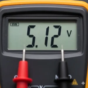 Nahaufnahme der Anzeige eines Digitalmultimeters, die eine Spannungsmessung zeigt, was eine hilfreiche Multimeter Anfänger Empfehlung ist.