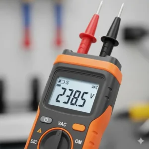 Nahaufnahme eines modernen digitalen Spannungsprüfers mit einem gut ablesbaren LCD-Bildschirm, der einen Spannungswert anzeigt. Dieses Werkzeug eignet sich hervorragend zur schnellen Spannungsprüfung.