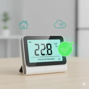 Die hohe Genauigkeit eines digitales Thermometer innen wird durch ein digitales Display mit präzisen Messwerten hervorgehoben.