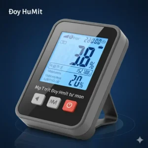 Nahaufnahme des displays von einem hygrometer wohnung digital mit feuchtigkeitsanzeige.