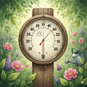 Eine künstlerische Illustration eines langlebigen Thermometers für den Garten, das dafür konzipiert ist, Regen und rauem Wetter standzuhalten.