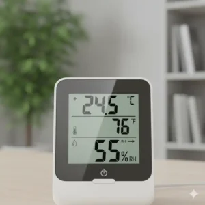 Nahaufnahme des Displays vom thermometer hygrometer kombi mit deutlicher Temperaturanzeige.