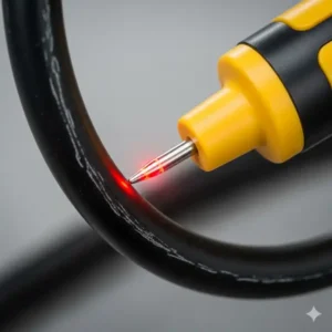 Nahaufnahme der Spitze eines kontaktlosen Spannungsmessgeräts, das die Anwesenheit von Spannung in einem Kabel erkennt.