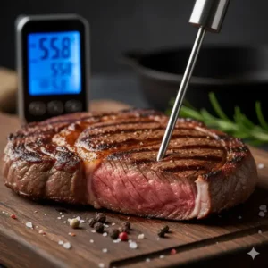 küchenthermometer digital in Steak eingeführt, zeigt Kerntemperatur an