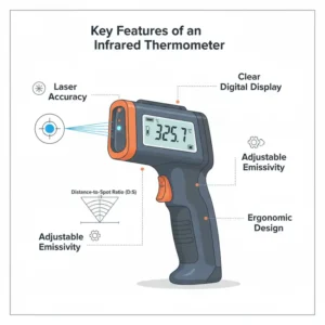 Hauptmerkmale eines Infrarot thermometer test-Geräts: Lasergenauigkeit und klare Anzeige.