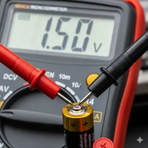 Nahaufnahme eines digitales Multimeter Tests, das die Spannung in Volt misst, indem die Sonden an eine Batterie gehalten werden.
