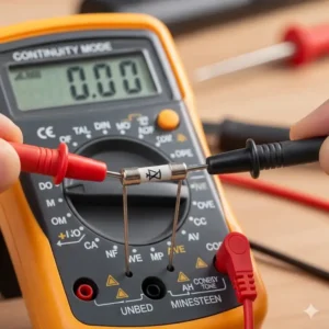 Ein Multimeter, das auf den Durchgangsmodus eingestellt ist, um eine Sicherung zu prüfen.