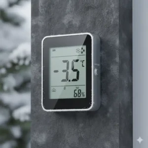 Ein elegantes, digitales Thermometer für den Außenbereich mit großem, gut lesbarem Display, das eine kalte Temperatur anzeigt und für jedes Wetter geeignet ist.