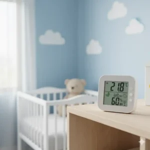 Ein kompaktes, modernes thermometer babyzimmer digital platziert auf einer Kommode im Kinderzimmer.