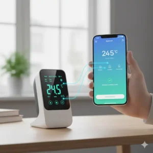 Ein digitales Thermometer innen ist in ein Smart-Home-System integriert und lässt sich per App steuern.