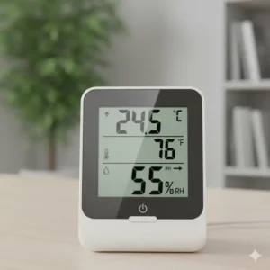 Detailansicht des Luftfeuchtigkeitswerts in Prozent auf dem thermometer hygrometer kombi.