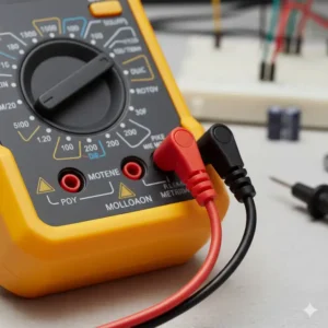 Detailaufnahme der Messleitungen, die in die Buchsen eines tragbaren Multimeters gesteckt sind.