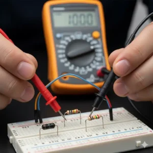 Eine Person, die die roten und schwarzen Messleitungen eines Multimeters korrekt mit einem Widerstand auf einem Steckbrett verbindet, um die korrekte Handhabung einer Multimeter Anfänger Empfehlung zu zeigen.