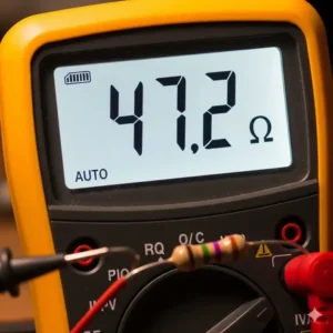 Die Anzeige eines digitales Multimeter Tests, das den Widerstand in Ohm an einem elektronischen Bauteil misst.