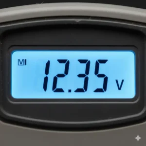 Eine Nahaufnahme vom Display eines digitalen Spannungsmessgerät Klein mit einer klaren Spannungsanzeige.