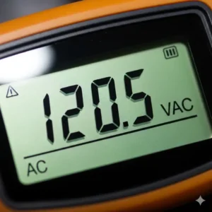 Ein professioneller Elektriker verwendet einen digitalen Spannungsprüfer, um auf einer Platine sicher einen stromführenden Draht zu identifizieren.