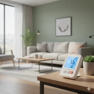 Kompaktes hygrometer wohnung digital auf einem tisch im wohnzimmer.