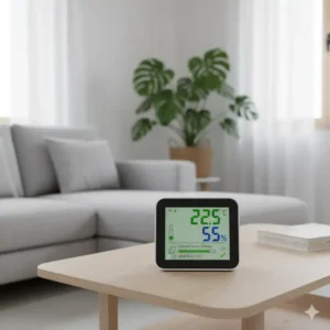 Stylischer Klimasensor im Wohnzimmer, ein Raumklimamessgerät kaufen für besseres Wohngefühl.
