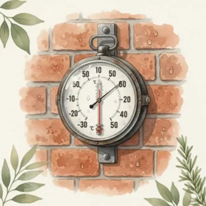 Ein klassisches analoges Thermometer für den Außenbereich aus Metall und Glas, das sicher an einer Ziegelwand angebracht ist und sein zeitloses und wetterfestes Design demonstriert.