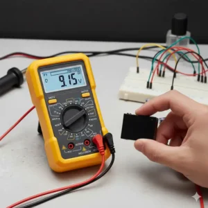 Eine Hand, die ein tragbares Multimeter verwendet, um die Spannung an einer Batterie zu messen.