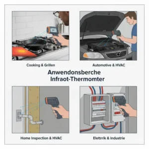 Verschiedene Anwendungsbereiche für den Infrarot thermometer test, z. B. Motor- oder Kochflächentemperatur.