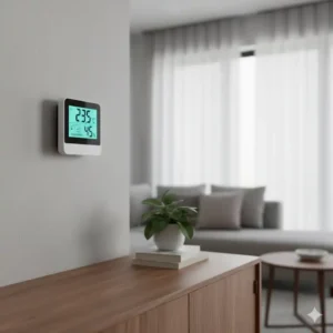 Ein digitales Thermometer innen ist diskret an einer Wand montiert, um die Temperatur im Haus zu überwachen.