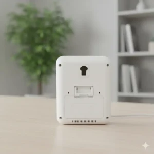 Rückansicht eines thermometer hygrometer kombi, das Wandmontage- oder Standoptionen zeigt.