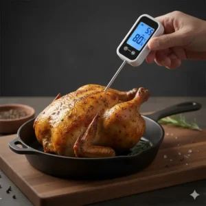 Messung der Kerntemperatur eines Huhns mit dem küchenthermometer digital