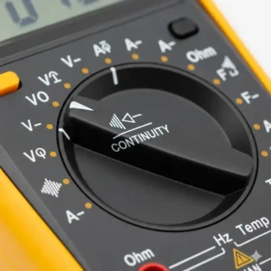 Eine detaillierte Ansicht des Drehknopfes eines Multimeters, der auf die Durchgangsprüfung eingestellt ist, eine nützliche Multimeter Anfänger Empfehlung.