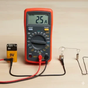 Ein digitales Multimeter Test, das in Reihe in einem Stromkreis geschaltet ist, um den Strom in Ampere zu messen.