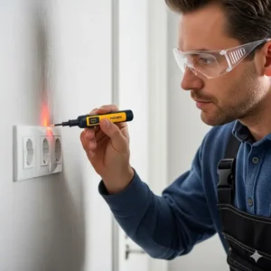 Ein Elektriker, der ein kontaktloses Spannungsmessgerät benutzt, um das Risiko eines Stromschlags zu vermeiden.