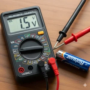 Ein Spannungsmessgerät Klein wird verwendet, um die Spannung einer Standard-AA-Batterie zu testen.