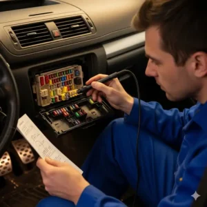 Ein Elektroinstallateur, der mit einem Sicherungsprüfer eine Sicherung im Sicherungskasten eines Autos prüft.