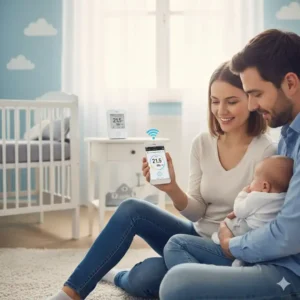 Eltern überprüfen die Daten des thermometer babyzimmer digital über eine mobile App.