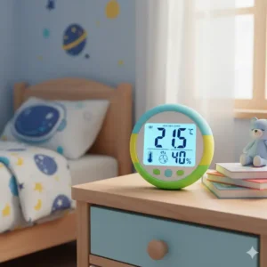Ein farbenfrohes digitales Thermometer innen auf einem Nachttisch im Kinderzimmer, um eine ideale Schlafumgebung zu gewährleisten.