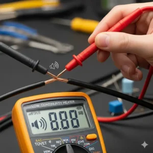 Eine Hand, die eine Messsonde eines digitales Multimeter Tests hält, um die Kontinuität eines Kabels zu prüfen, dargestellt durch ein akustisches Signal.