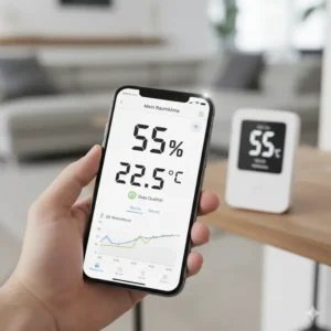 Smartphone-app zeigt daten von einem smarten hygrometer wohnung digital.