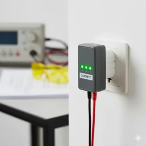 Grüne LED-anzeige eines steckdosenprüfers bestätigt die korrekte verdrahtung und funktion der steckdose.