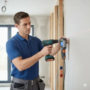 Ein Bauarbeiter benutzt einen Stromleitungsfinder für Wände, um vor dem Bohren die genaue Position von Leitungen zu bestimmen.
