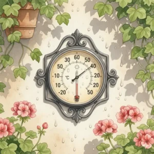 Ein stilvolles Wandthermometer, das speziell für den Außenbereich hergestellt wurde, resistent gegen Sonne und Regen ist und sich perfekt für Terrassen und Balkone eignet.