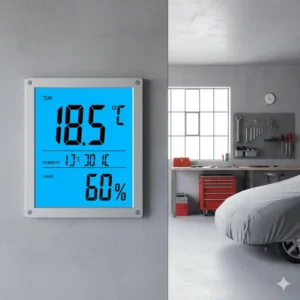 Ein digitales Thermometer innen mit einem großen, gut lesbaren Display, perfekt für die Verwendung im Büro oder in der Garage.