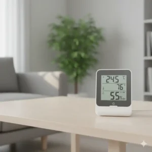 Thermometer hygrometer kombi im Wohnzimmer zur Überwachung des Raumklimas platziert.