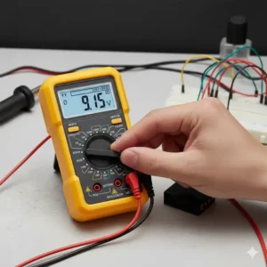 Ein Benutzer, der den Drehschalter an einem tragbaren Multimeter betätigt.