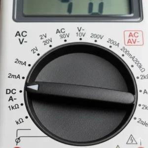 Das Einstellrad eines digitales Multimeter Tests, das die verschiedenen Messbereiche für Spannung, Strom und Widerstand anzeigt.