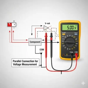 Eine Illustration, die zeigt, wie man ein Multimeter parallel schaltet, um die Spannung an einem Bauteil zu messen, eine grundlegende Multimeter Anfänger Empfehlung.