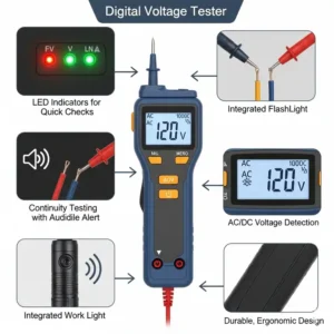 Ein direkter Vergleich zweier digitaler Spannungsprüfer von verschiedenen Marken, der ihre Design- und Funktionsunterschiede zeigt.