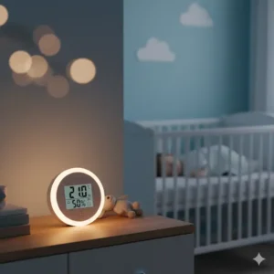 Das thermometer babyzimmer digital mit integrierter sanfter Nachtlichtfunktion.