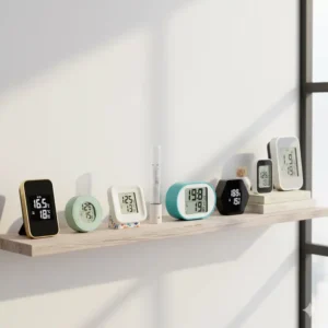 Eine Sammlung verschiedener digitales Thermometer innen mit unterschiedlichen Designs, passend für jede Inneneinrichtung.
